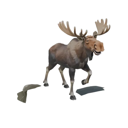 3D модель величественного лося с большими рогами, стоящая на каменистой поверхности, отрисованная на белом фоне.