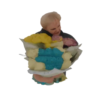 3D-модель причудливого персонажа с радостным выражением лица, окруженного красочными, абстрактными, облакоподобными формами ж