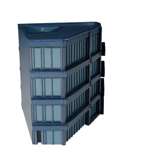 Стилизованная 3D модель современного стеклянного фасада, изометрический вид стилизованной игровой среды, показывающий материа