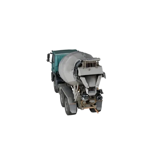 Высокополигональная 3D модель бетоносмесителя для дорожных работ, студийный рендер крупным планом, показывающий бетон, силуэт