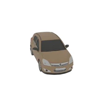 3D модель бежевого хэтчбека, вид с немного приподнятого передне-левого угла.