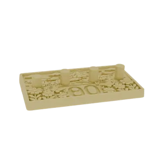 3D модель диорамы японского сада с четырьмя колоннами, цветами и горным фоном, в бежевом материале.