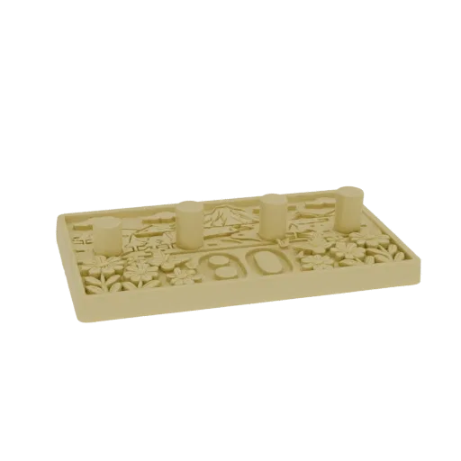 3D модель диорамы японского сада с четырьмя колоннами, цветами и горным фоном, в бежевом материале.