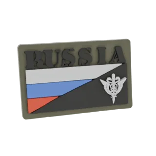 3D модель российского медицинского военного шеврона с российским флагом и эмблемой кадуцея, на темном фоне с оливково-зеленой