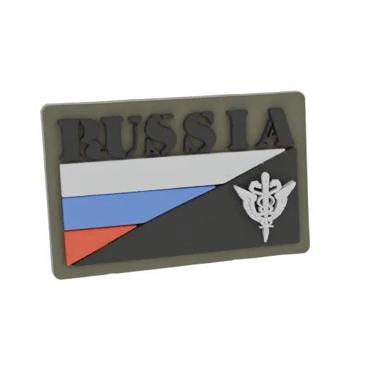 3D модель российского медицинского военного шеврона с российским флагом и эмблемой кадуцея, на темном фоне с оливково-зеленой