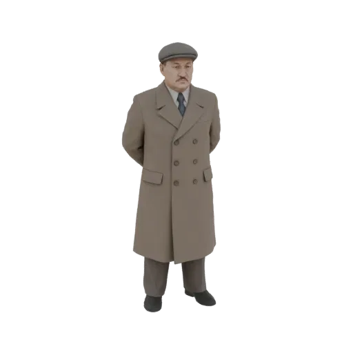 3D модель мужчины в бежевом плаще и серой кепке, стоящего со сцепленными за спиной руками.