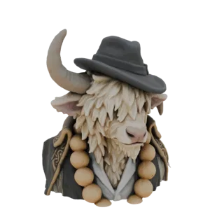 3D model of an anthropomorphic yak character wearing a grey fedora hat and a large beaded necklace, depicted from the chest u
