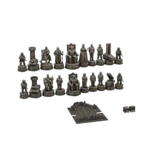 3D модель полного шахматного набора "Королевский двор Средневековья" с фигурами королей, королев, рыцарей, ладей и пешек в ви