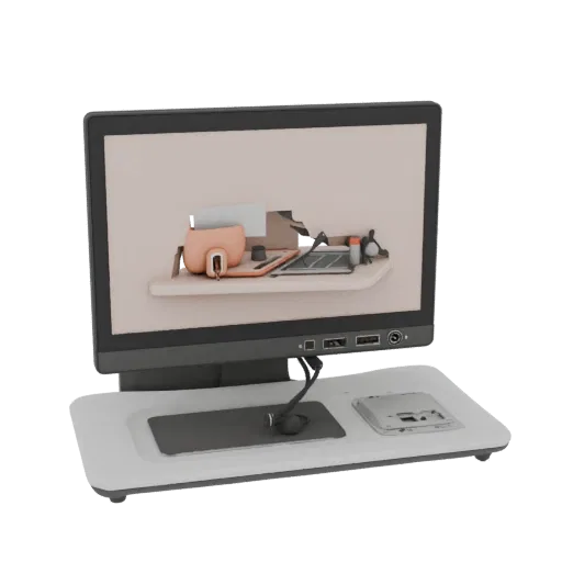 3D-модель монитора полевого обучения, вид три четверти спереди, рендер студии AR-визуализатора, показывающий детализацию мате