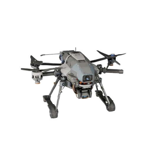 3D модель дрона из исследовательской лаборатории, вид спереди три четверти, окно просмотра Unreal Engine, показывающее металл