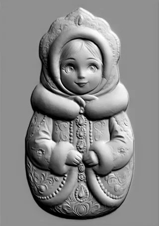 3D модель барельефа русской куклы в шубке с узорами, вид спереди