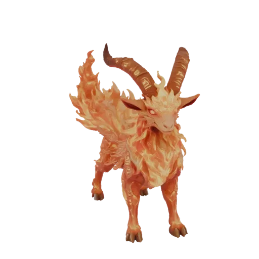 3D модель огненного козла с пылающей аурой и светящимися рунами на рогах, стоящего на черном фоне.
