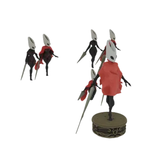 3D модель Воительницы Шершень из Hollow Knight, стоящая на декоративной подставке, с другими фигурами на заднем плане.