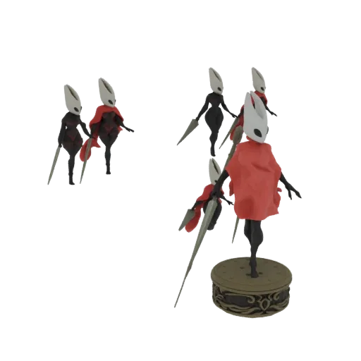3D модель Воительницы Шершень из Hollow Knight, стоящая на декоративной подставке, с другими фигурами на заднем плане.