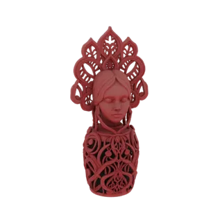 3D модель бюста славянской женщины с закрытыми глазами, в богато украшенном головном уборе и одежде с замысловатыми узорами.