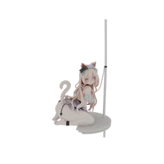 3D модель фигурки Неко Мейд с кошачьими ушами и хвостом, стоящая на коленях рядом с шестом.