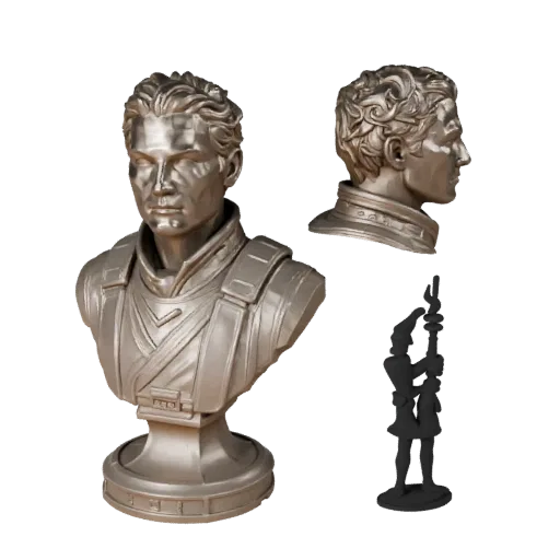 Печатаемая 3D-модель исторического бюста в стиле Sci-Fi STL, показывающая плоскости лица, вид в три четверти