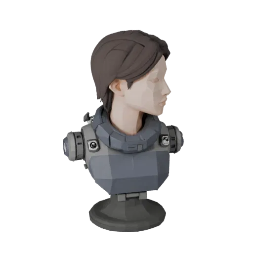 Низкополигональная 3D-модель бюста робота, предпросмотр с отображением плоскостей лица, вид в три четверти