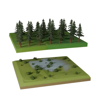 Низкополигональная 3D-модель биома реки Тайги, вид с трех четвертей в игровом окне, показывающий слои местности, снежные насы