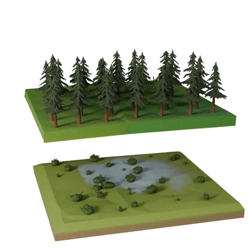 Низкополигональная 3D-модель биома реки Тайги, вид с трех четвертей в игровом окне, показывающий слои местности, снежные насы