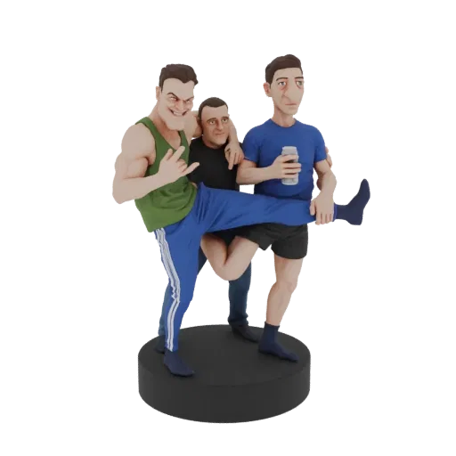 3D модель трех стилизованных друзей, позирующих динамично, один с высоко поднятой ногой, на черном круглом основании.