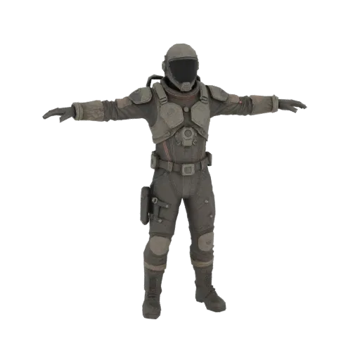 3D модель безликого индустриального Sci-Fi космического костюма в T-pose, с черным визором, кислородными баллонами и тяжелыми