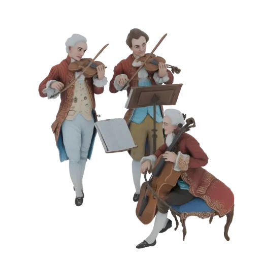 3D модель барочного музыкального трио с двумя скрипачами и одним виолончелистом в костюмах эпохи.