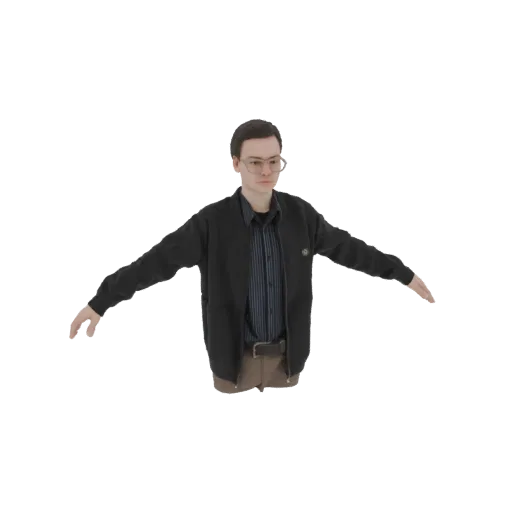 3D модель молодого человека в очках, в черном бомбере и полосатой рубашке, стоящего с отведенными в стороны руками.