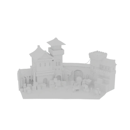 3D модель средневековой городской брамы с мостом и рыночными прилавками