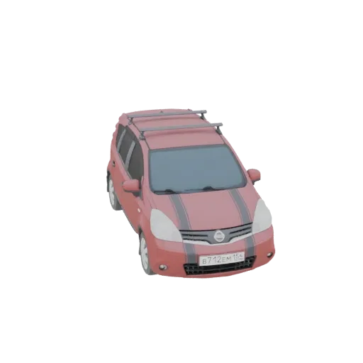 3D модель красного Nissan Note кроссовер с черными гоночными полосами и рейлингами на крыше, вид спереди в три четверти.