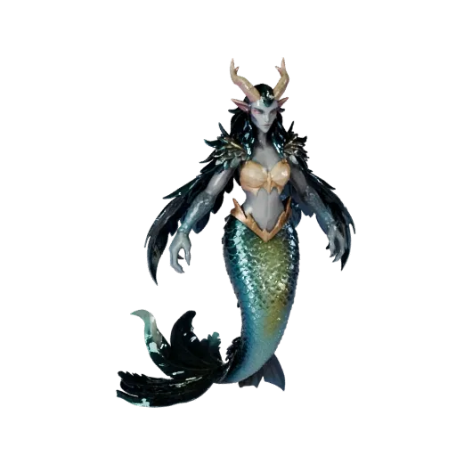 Низкополигональная 3D-модель русалки, вид сбоку в игровой камере, низкополигональный ассет животного со смешением фэнтезийной