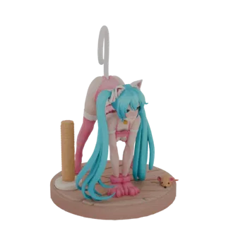 3D модель кошкодевочки Мику в игривой позе, в розовом наряде, с когтеточкой и маленькой мышкой на круглой подставке.