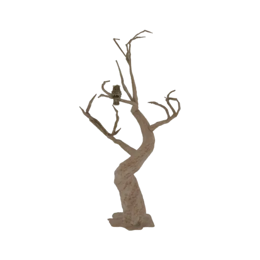 3D модель жуткой, голой, корявой елки с маленькой фигуркой совы на ветке, на белом фоне.