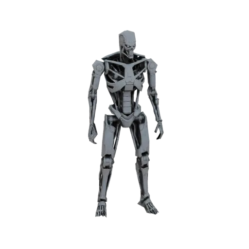 Полноростовая 3D модель T-800 Эндоскелет, металлический скелет-робот с лицом-черепом, стоящий на белом фоне.