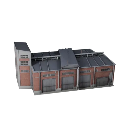 Реалистичная 3D модель производственного цеха, вид с трех четвертей снаружи, показывающий материалы промышленного здания и ар