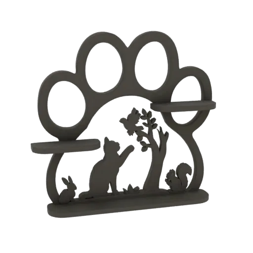 3D модель полки в форме лапки с лесным пейзажем, включающим кошку, птицу, белку и кролика.