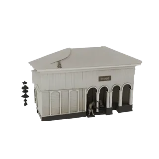 3D модель старинного здания вокзала с белым фасадом, арочным портиком и детализированными оконными рамами на черном фоне.