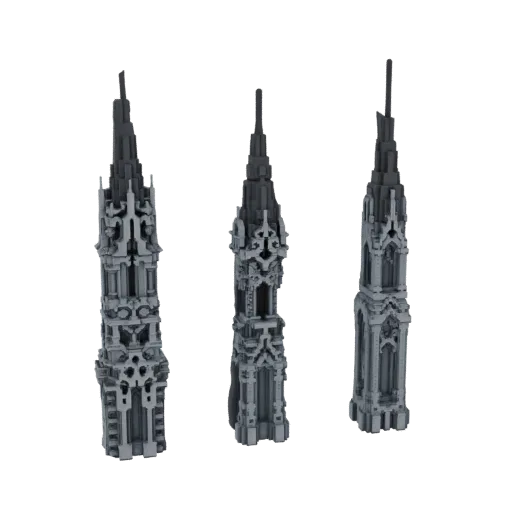 Три варианта детализированной 3D модели готической башни, демонстрирующие сложную архитектурную детализацию и острые, заостре