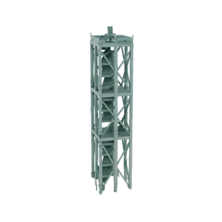 3D модель высокой серой промышленной башни со сложной внутренней решетчатой структурой и видимым внешним каркасом.