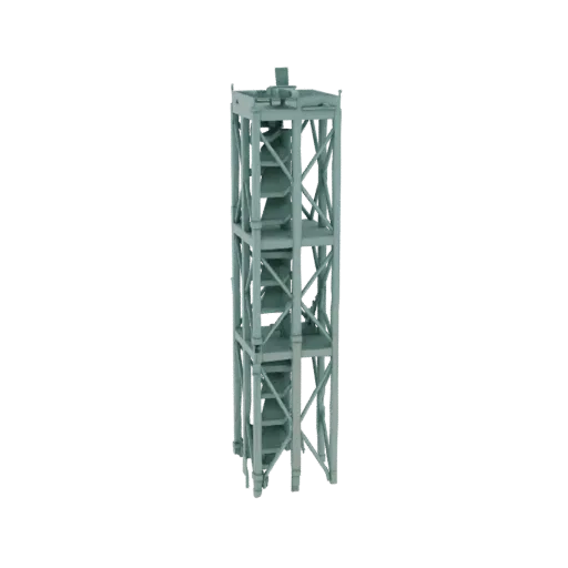 3D модель высокой серой промышленной башни со сложной внутренней решетчатой структурой и видимым внешним каркасом.