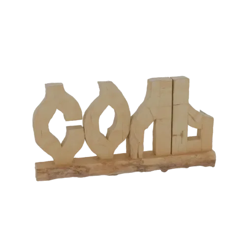 3D модель абстрактной скульптуры из светлого дерева с двумя плавными формами на рустикальном деревянном основании.