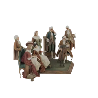 3D модель барочного камерного ансамбля с музыкантами, играющими на инструментах, и элегантно одетыми фигурами в одежде той эп