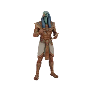 3D model of Thoth, the ancient Egyptian god with an ibis head, wearing traditional attire and holding a stylus and tablet.