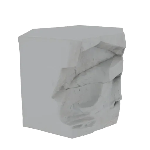 3D модель серого, нетекстурированного блока камня с глубокими трещинами и острыми, неровными поверхностями.
