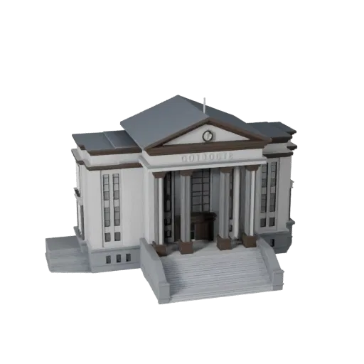 Низкополигональная 3D модель здания суда, готовая для игр, вид снаружи, показывающий материалы общественного здания и архитек