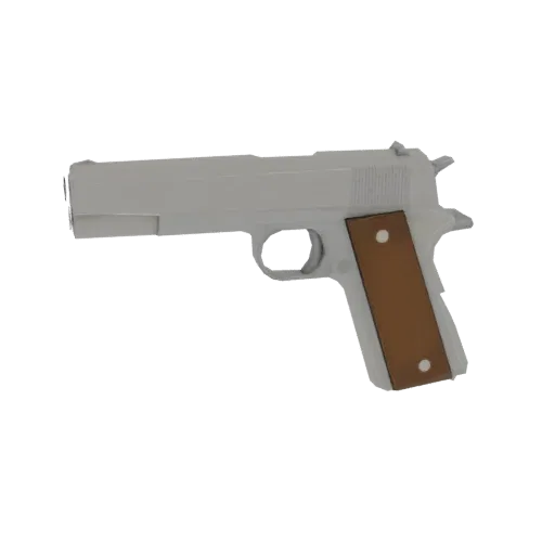 Рендер 3D модели классического пистолета 1911 со светло-серым корпусом и коричневыми накладками на рукоятку на белом фоне.