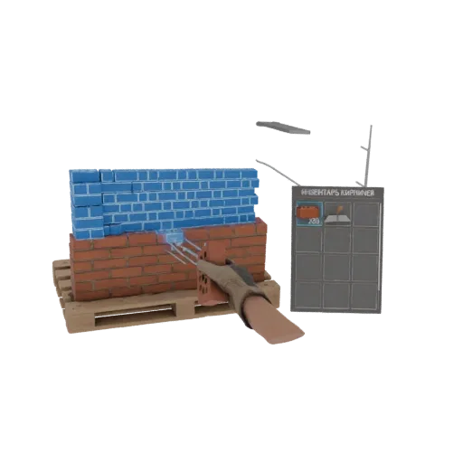 3D модель сцены VR кирпичной кладки с рукой, держащей кирпич, стеной из красного и синего кирпича на поддоне и панелью инвент