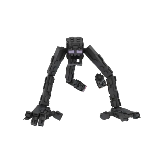 3D модель Эндермена из Minecraft, стоящего с вытянутыми руками, с фиолетовыми глазами и блочной текстурой.