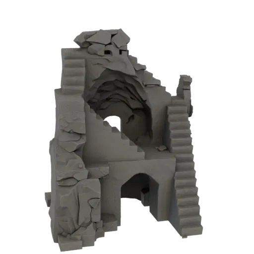 Модуль пещерных лестниц, печатаемая 3D-модель, изометрический рендер STL для настольных игр, показывающий состаренный камень,