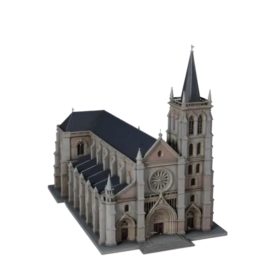 Реалистичная 3D модель собора, вид снаружи в три четверти, показывающий материалы общедоступного здания и архитектурные детал